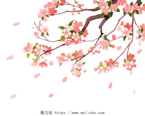 粉色手绘古风中国风桃花枝树枝元素PNG素材